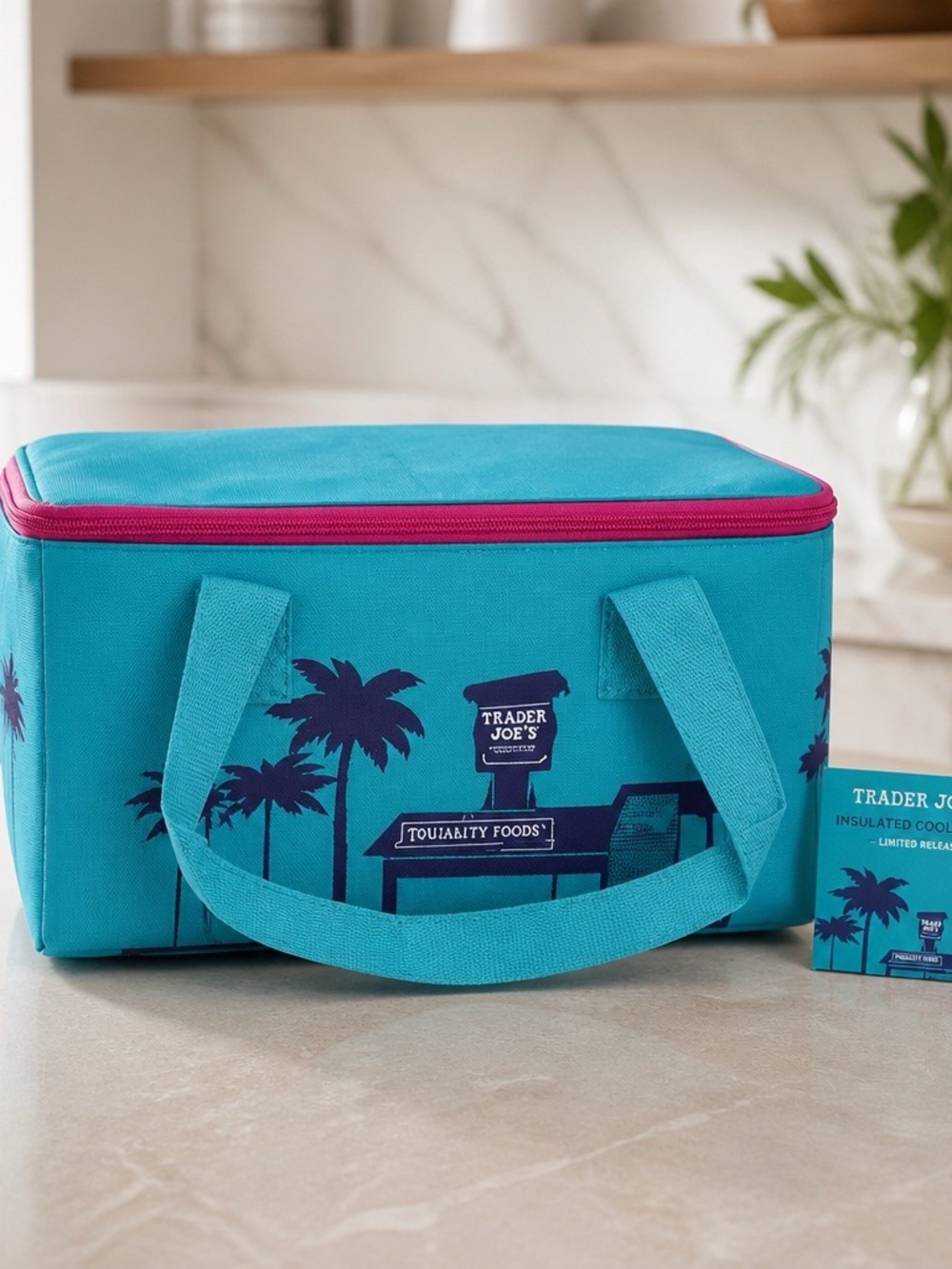 Trader Joe's Teal Insulated Tote Bag Ice Blue with Pink Trim Summer 2026